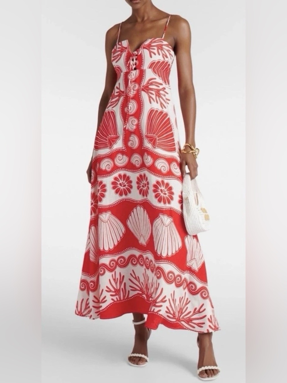 Calypso St Barth Women's Farm Dress S Anthropologie Rio Red White Linen Shells